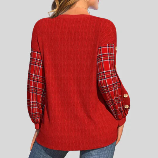 Ida | Red Knit with Checked Sleeves